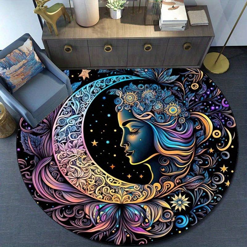 3D Sun Moon Face Printed Round Rug - Vibrant Outdoor Patio Garden Yard Area Rug with Anti-Slip Backing and Soft Pile for Bedroom Living Room Chair - Durable, Water-Resistant, and Easy to Clean Floor Mat