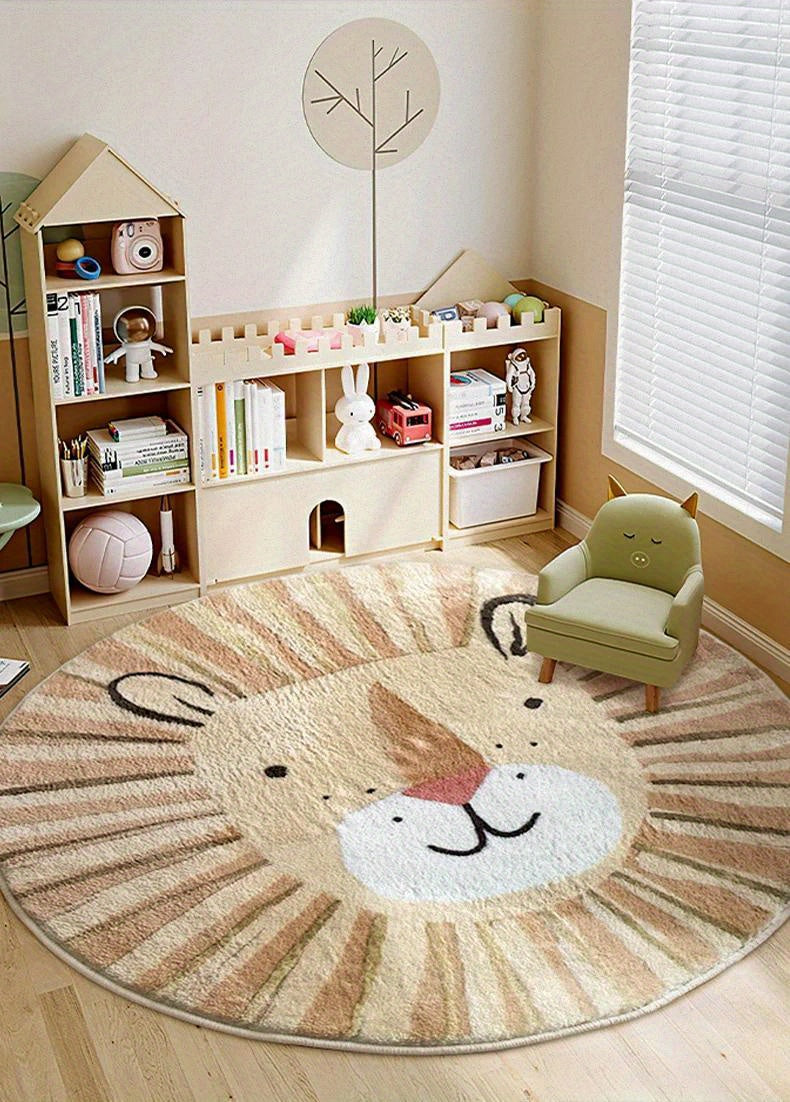 Soft & Plush Lion Face Round Mat - Washable, Non-Slip, High Pile Mat for Youngsters' Bedroom, Living Room, or Playroom Decor - Cozy and Durable Floor Mat with Adorable Cartoon Design, Rugs for Living Room