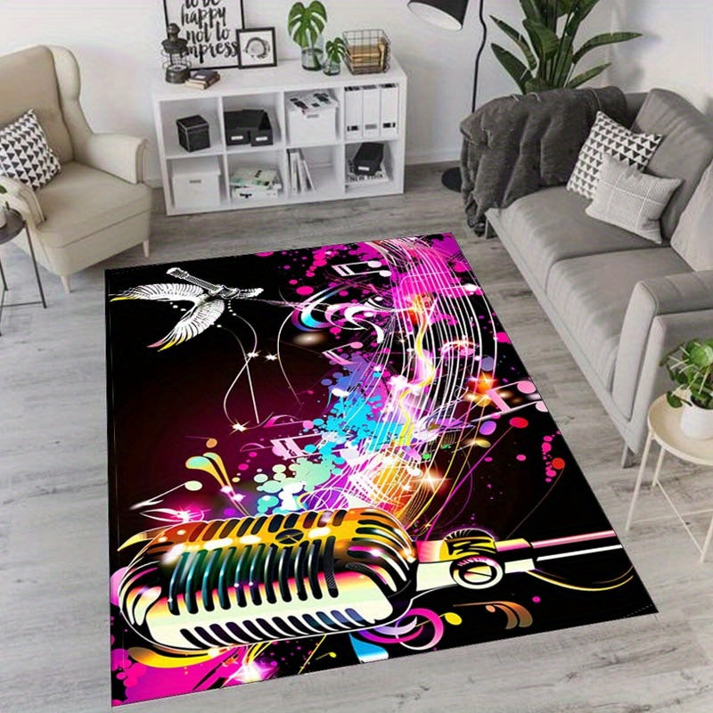 Non-Slip Polyester Microphone and Music Notes Rug, Absorbent Machine Washable Floor Mat, Multipurpose Throw Rugs Runner for Living Room Bedroom Home Decor