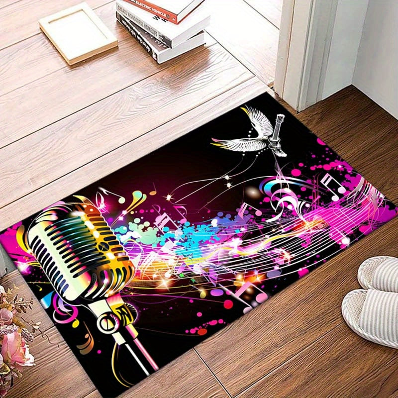 Non-Slip Polyester Microphone and Music Notes Rug, Absorbent Machine Washable Floor Mat, Multipurpose Throw Rugs Runner for Living Room Bedroom Home Decor