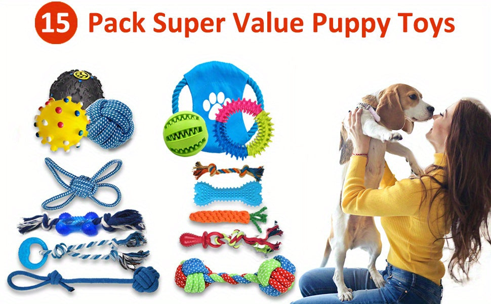 15-Pack Assorted Durable Dog Chew Toys - Fabric Rope Teething Toys for All Breed Sizes - Interactive Tug Toys for Mental Stimulation and Boredom Relief