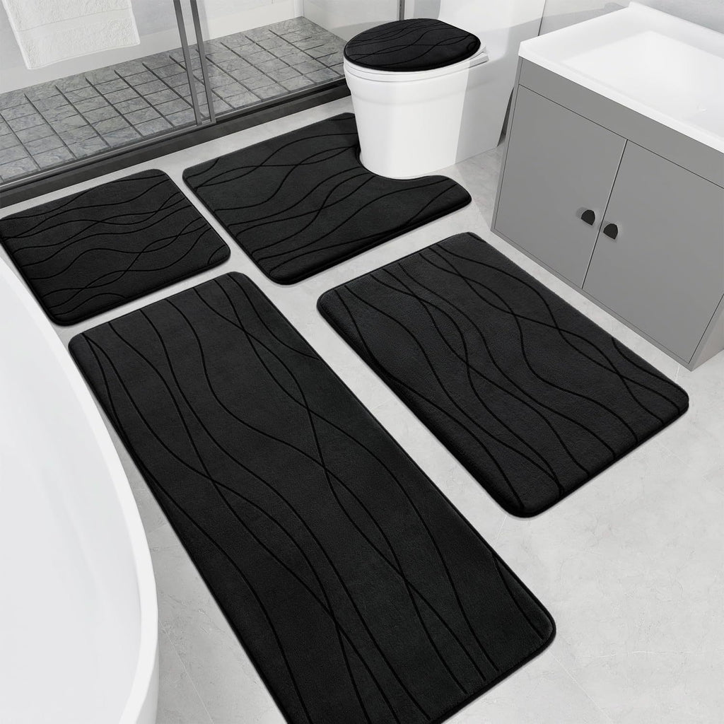 Wave Shape Bath Mat Set, Memory Foam Bathroom Rug Sets, Ultra Absorbent Bath Mat for Bathroom, Tub, Toilet Perfect for Shower Room And Bathroom Accessories- Non-Slip Bath Rugs Machine Washable & Dries Quickly, Bathroom Access