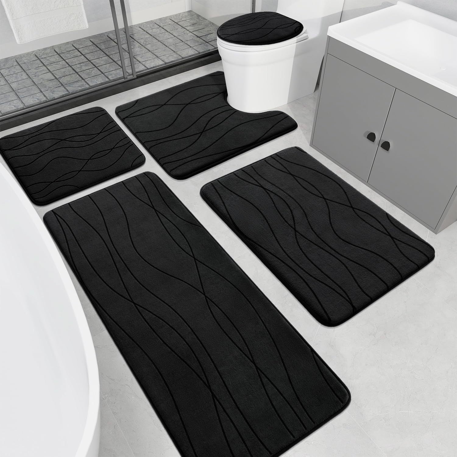 Wave Shape Bath Mat Set, Memory Foam Bathroom Rug Sets, Ultra Absorbent Bath Mat for Bathroom, Tub, Toilet Perfect for Shower Room And Bathroom Accessories- Non-Slip Bath Rugs Machine Washable & Dries Quickly, Bathroom Access