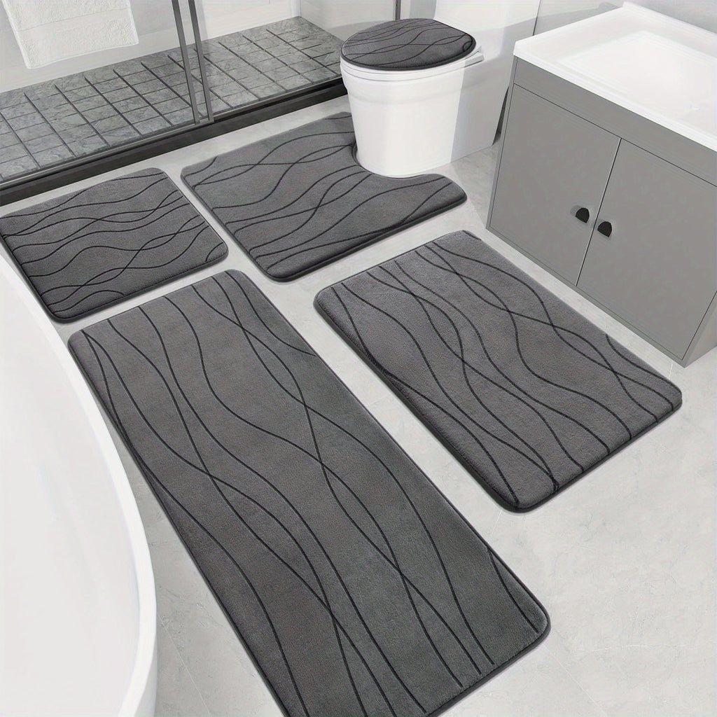 Wave Shape Bath Mat Set, Memory Foam Bathroom Rug Sets, Ultra Absorbent Bath Mat for Bathroom, Tub, Toilet Perfect for Shower Room And Bathroom Accessories- Non-Slip Bath Rugs Machine Washable & Dries Quickly, Bathroom Access