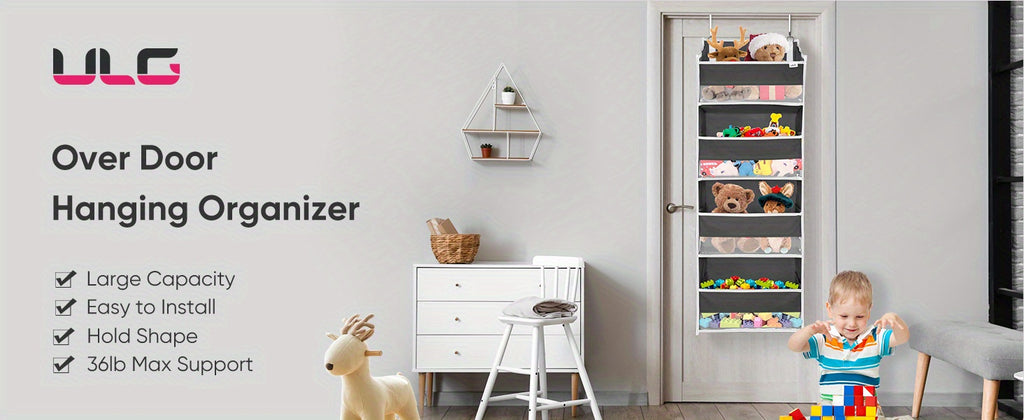 ULG Deluxe Over Door Storage Organizer - 4 Large Pockets, 6 Mesh Side Pockets, 36 lbs Weight Capacity, Clear Window, Hanging Storage for Bedroom, Nursery, Baby Kids Toys, Diapers, and More - 1 Pack