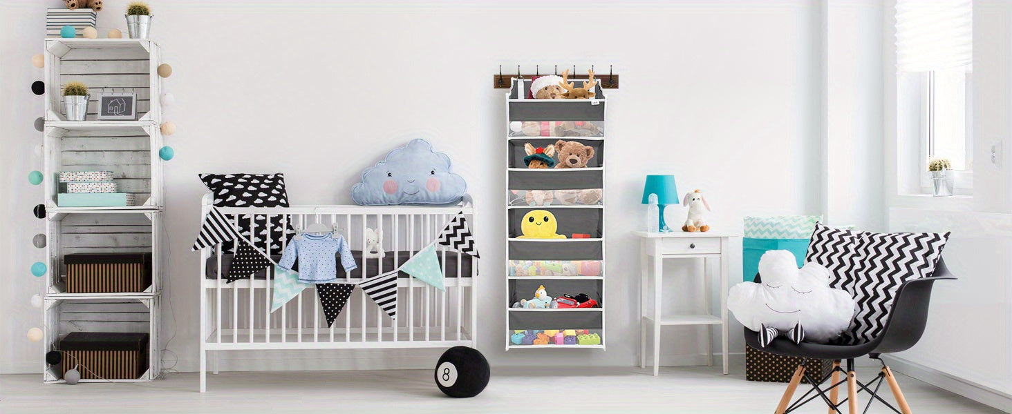 ULG Deluxe Over Door Storage Organizer - 4 Large Pockets, 6 Mesh Side Pockets, 36 lbs Weight Capacity, Clear Window, Hanging Storage for Bedroom, Nursery, Baby Kids Toys, Diapers, and More - 1 Pack