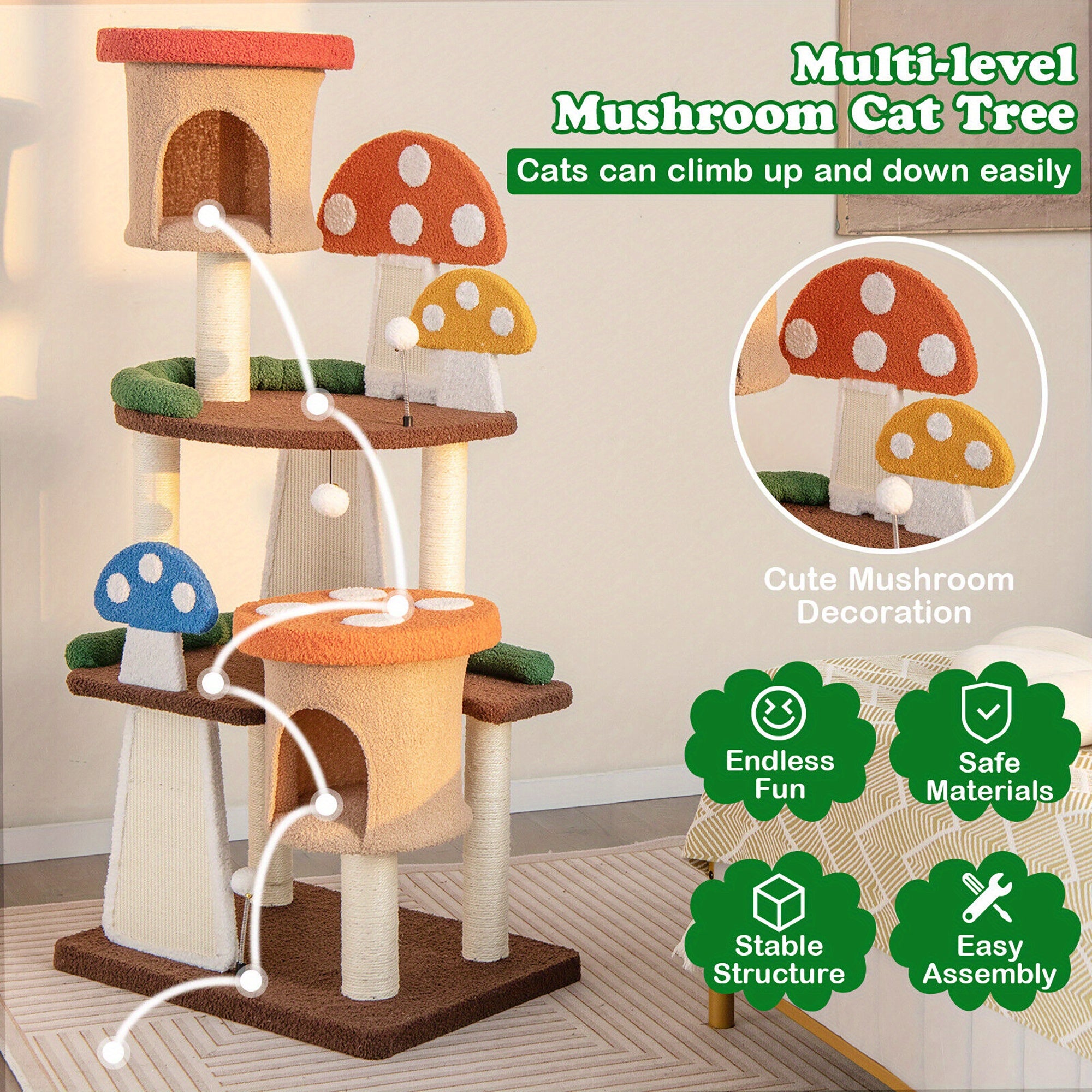 Deluxe Wooden Cat Tree Tower - Multi-Level Padded Perch, Sisal Rope Scratch Board, Hanging Toys, Modern Design for Cats to Play, Rest and Exercise