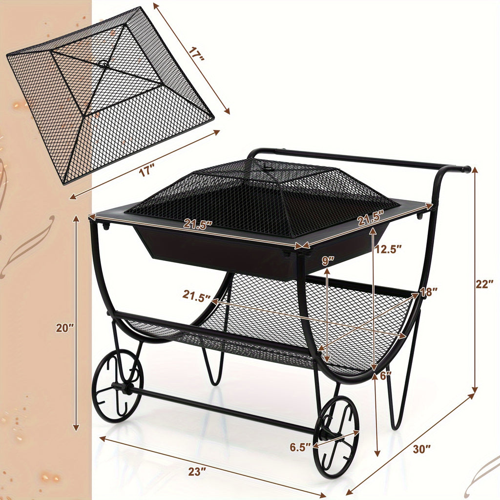 1pc Deluxe Outdoor Wood Burning Fire Pit - Steel Patio Stove with Log Storage Rack and Wheels for Easy Mobility - Perfect for Yard, Garden, and Backyard Gatherings - Durable Construction and Versatile Design