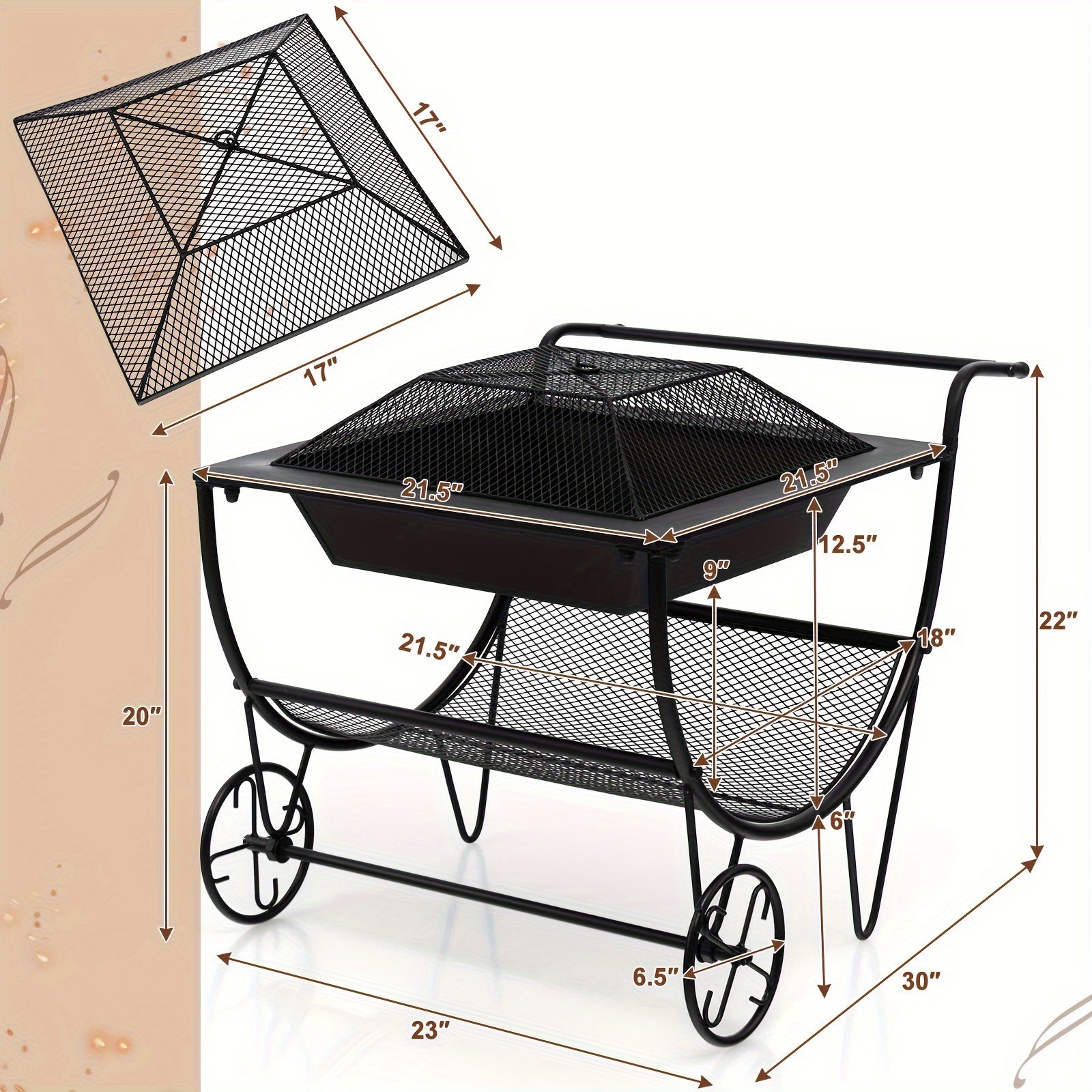 1pc Deluxe Outdoor Wood Burning Fire Pit - Steel Patio Stove with Log Storage Rack and Wheels for Easy Mobility - Perfect for Yard, Garden, and Backyard Gatherings - Durable Construction and Versatile Design