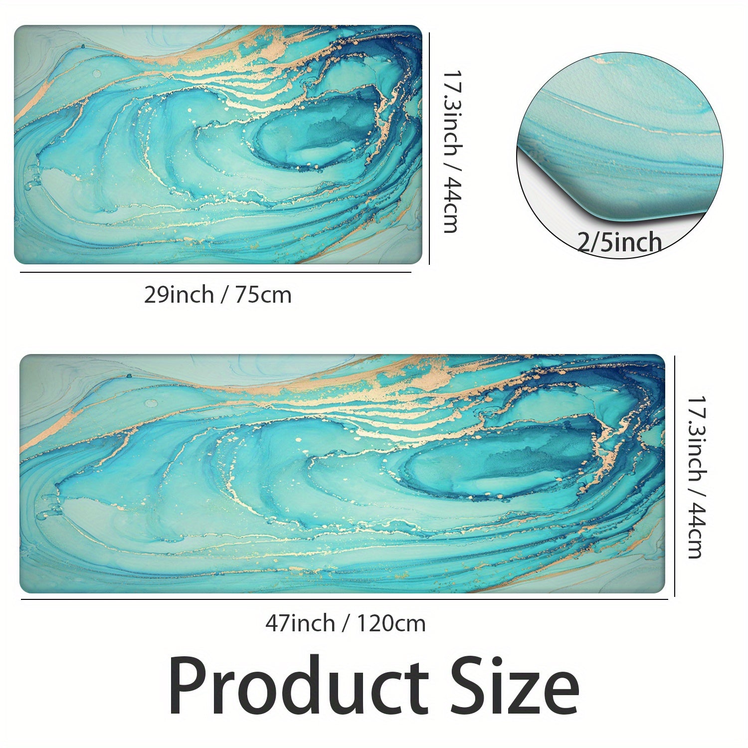 Set of 2 Teal Marble Golden Anti-Fatigue Kitchen Rugs and Mats - Soft, Cushioned, Non-Slip, PVC Backing, Turquoise Foam, Comfortable Standing, Easy Cleaning, Perfect for Floor, Dining Room, Home Office, Sink, Laundry