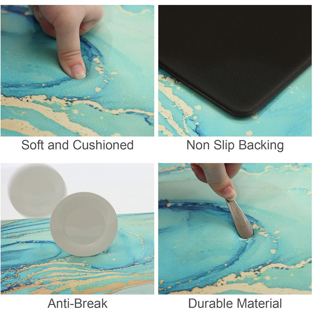 Set of 2 Teal Marble Golden Anti-Fatigue Kitchen Rugs and Mats - Soft, Cushioned, Non-Slip, PVC Backing, Turquoise Foam, Comfortable Standing, Easy Cleaning, Perfect for Floor, Dining Room, Home Office, Sink, Laundry
