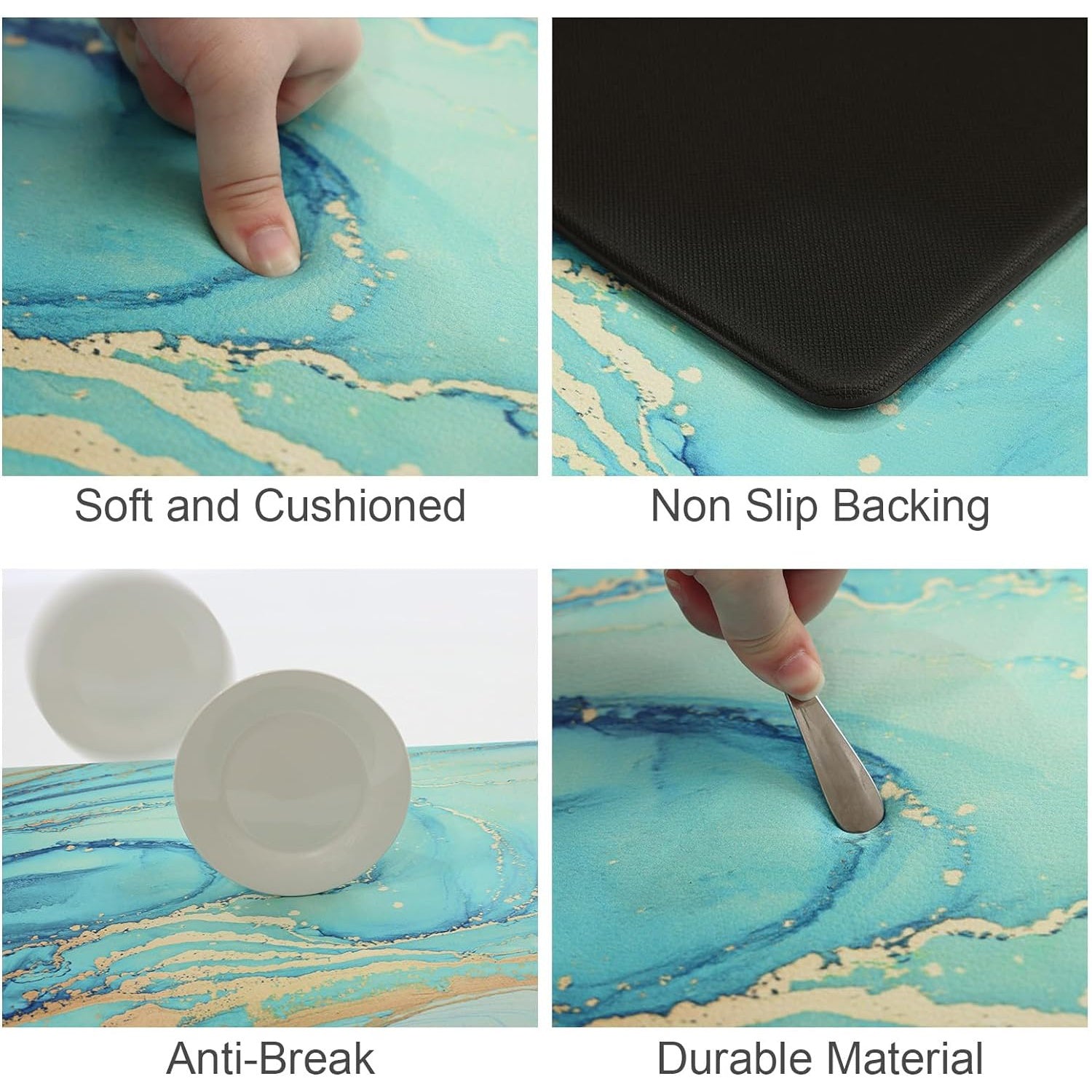 Set of 2 Teal Marble Golden Anti-Fatigue Kitchen Rugs and Mats - Soft, Cushioned, Non-Slip, PVC Backing, Turquoise Foam, Comfortable Standing, Easy Cleaning, Perfect for Floor, Dining Room, Home Office, Sink, Laundry