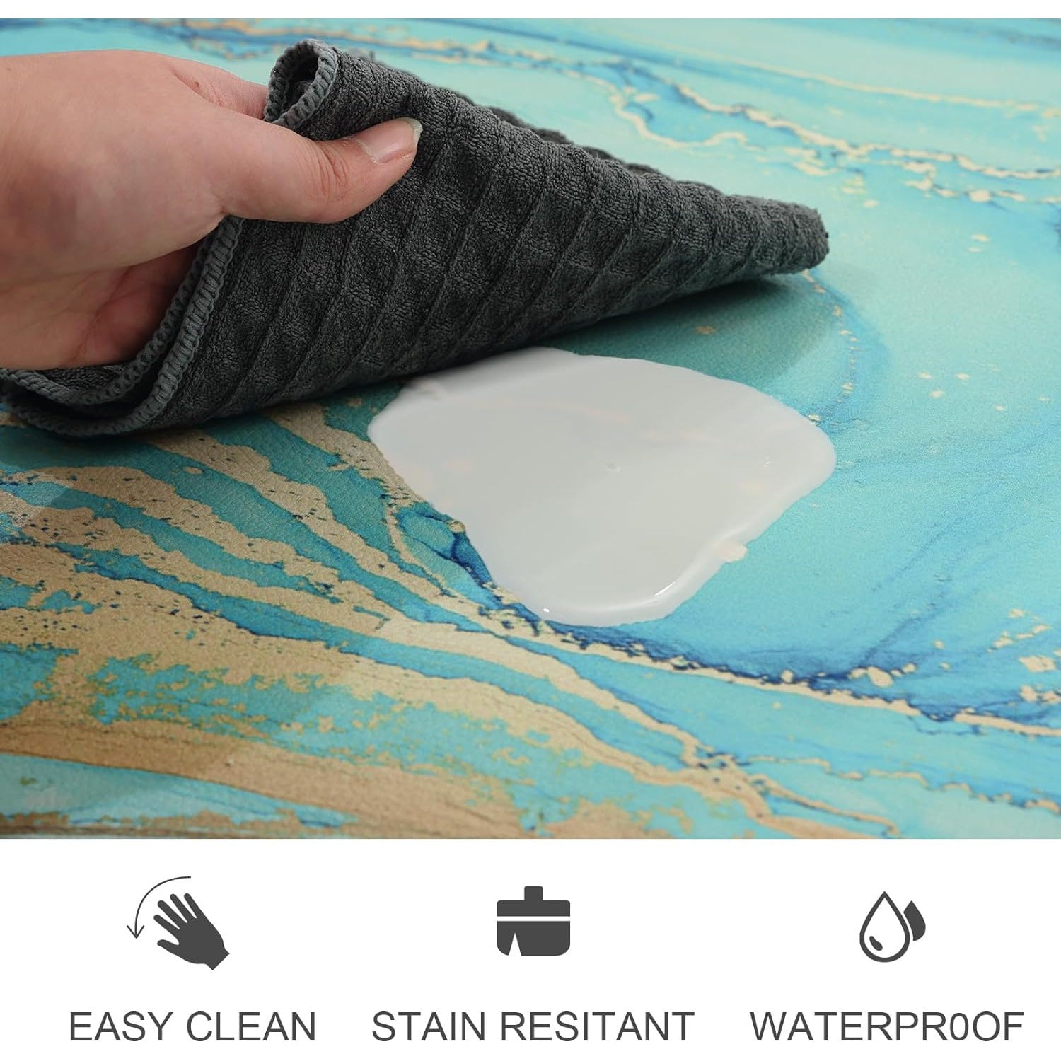 Set of 2 Teal Marble Golden Anti-Fatigue Kitchen Rugs and Mats - Soft, Cushioned, Non-Slip, PVC Backing, Turquoise Foam, Comfortable Standing, Easy Cleaning, Perfect for Floor, Dining Room, Home Office, Sink, Laundry