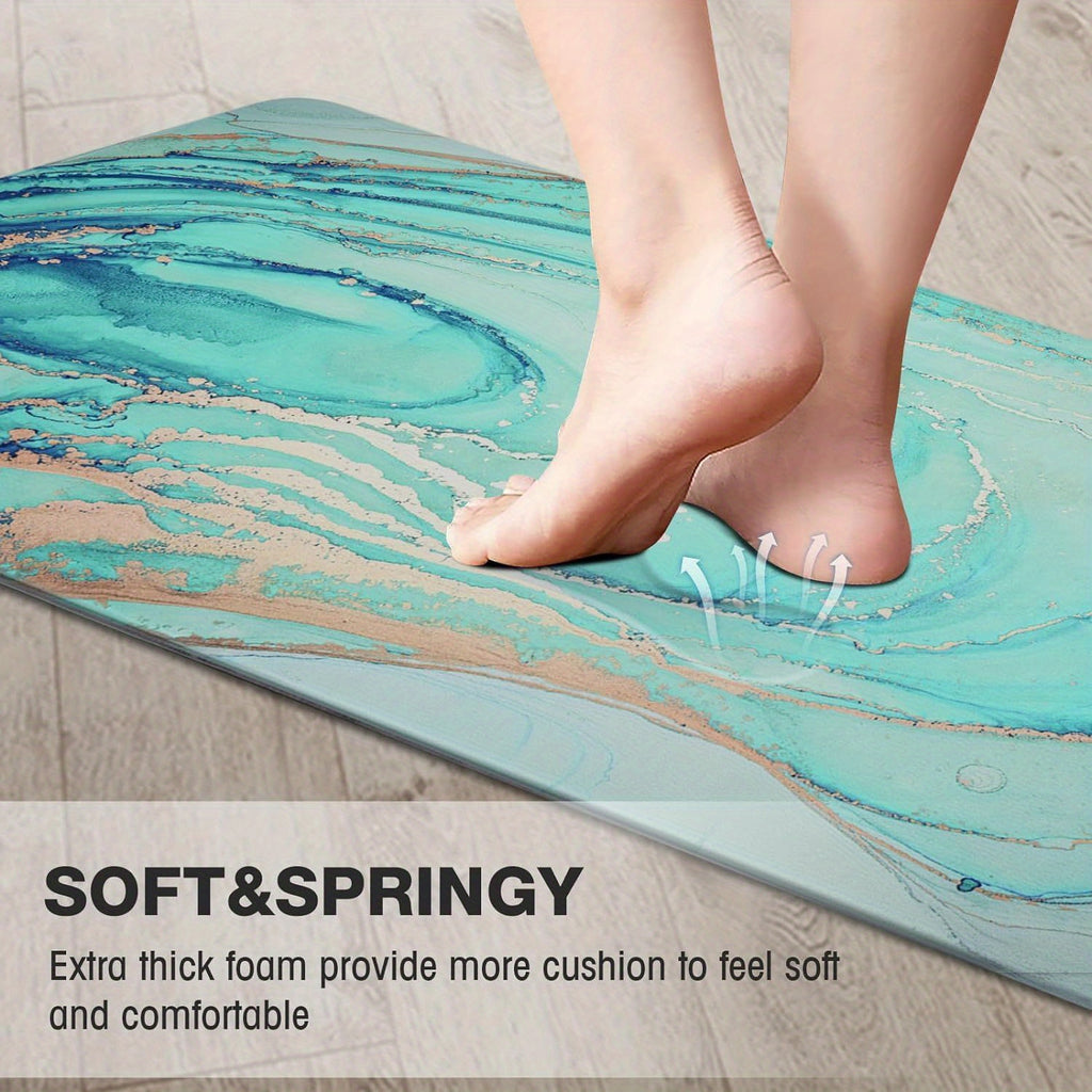 Set of 2 Teal Marble Golden Anti-Fatigue Kitchen Rugs and Mats - Soft, Cushioned, Non-Slip, PVC Backing, Turquoise Foam, Comfortable Standing, Easy Cleaning, Perfect for Floor, Dining Room, Home Office, Sink, Laundry