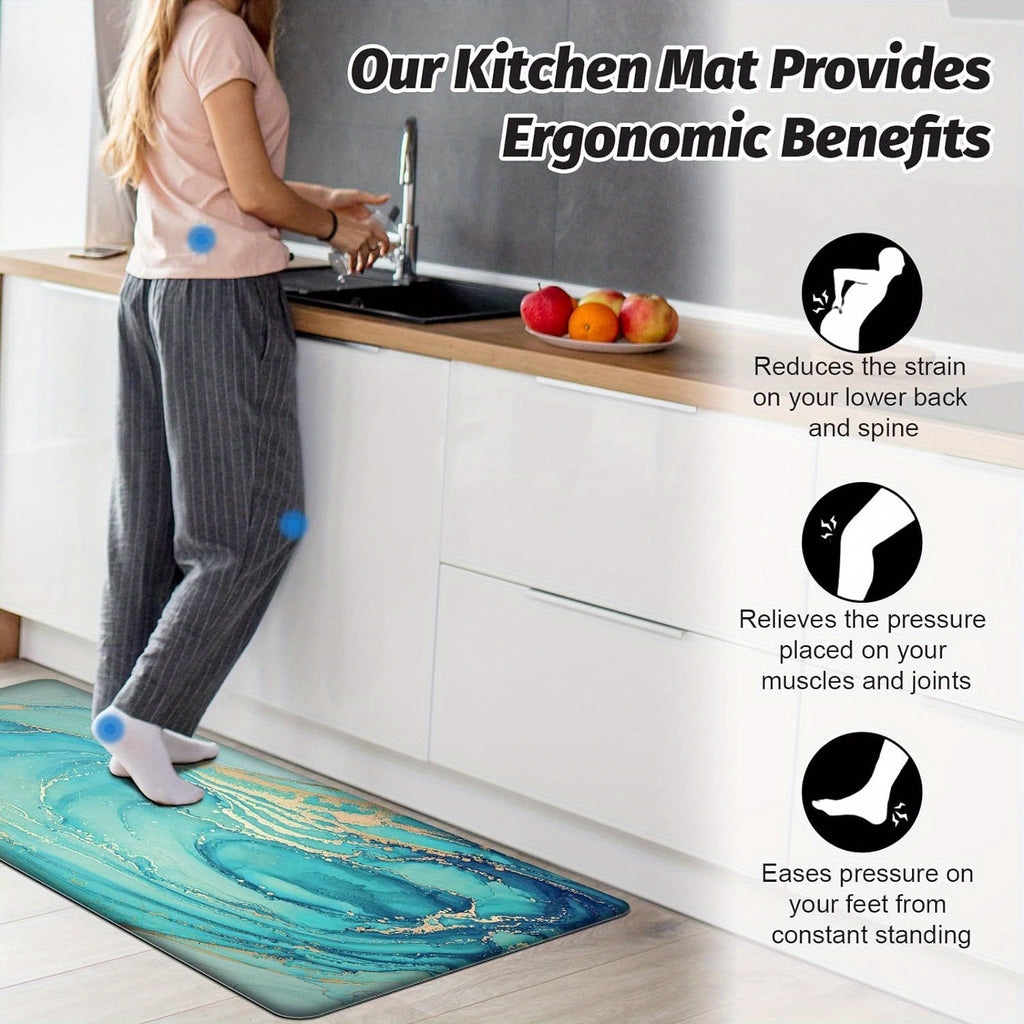Set of 2 Teal Marble Golden Anti-Fatigue Kitchen Rugs and Mats - Soft, Cushioned, Non-Slip, PVC Backing, Turquoise Foam, Comfortable Standing, Easy Cleaning, Perfect for Floor, Dining Room, Home Office, Sink, Laundry