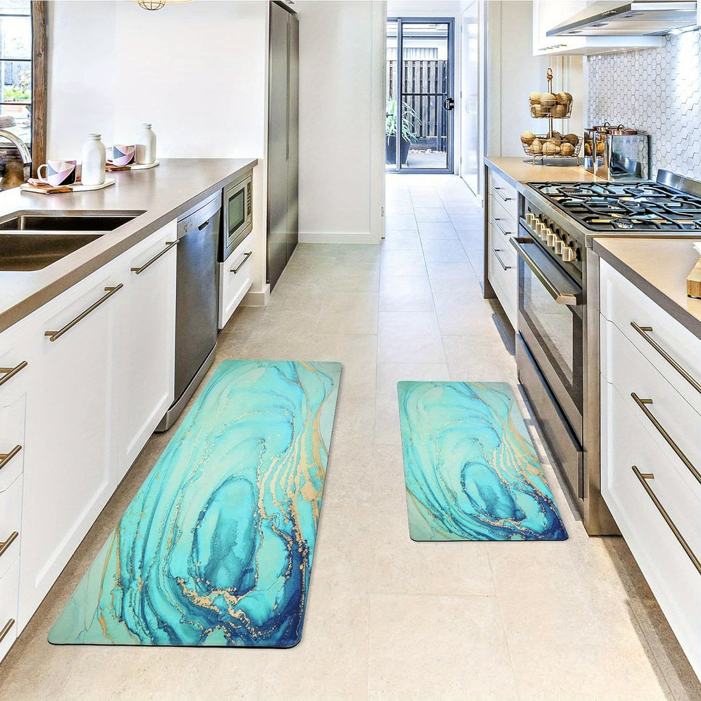 Set of 2 Teal Marble Golden Anti-Fatigue Kitchen Rugs and Mats - Soft, Cushioned, Non-Slip, PVC Backing, Turquoise Foam, Comfortable Standing, Easy Cleaning, Perfect for Floor, Dining Room, Home Office, Sink, Laundry