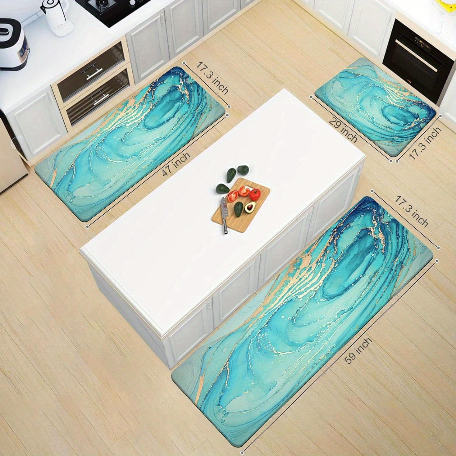 Set of 2 Teal Marble Golden Anti-Fatigue Kitchen Rugs and Mats - Soft, Cushioned, Non-Slip, PVC Backing, Turquoise Foam, Comfortable Standing, Easy Cleaning, Perfect for Floor, Dining Room, Home Office, Sink, Laundry
