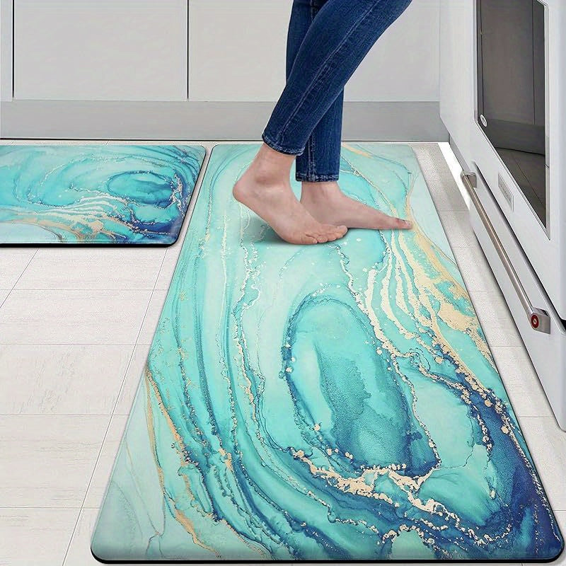 Set of 2 Teal Marble Golden Anti-Fatigue Kitchen Rugs and Mats - Soft, Cushioned, Non-Slip, PVC Backing, Turquoise Foam, Comfortable Standing, Easy Cleaning, Perfect for Floor, Dining Room, Home Office, Sink, Laundry