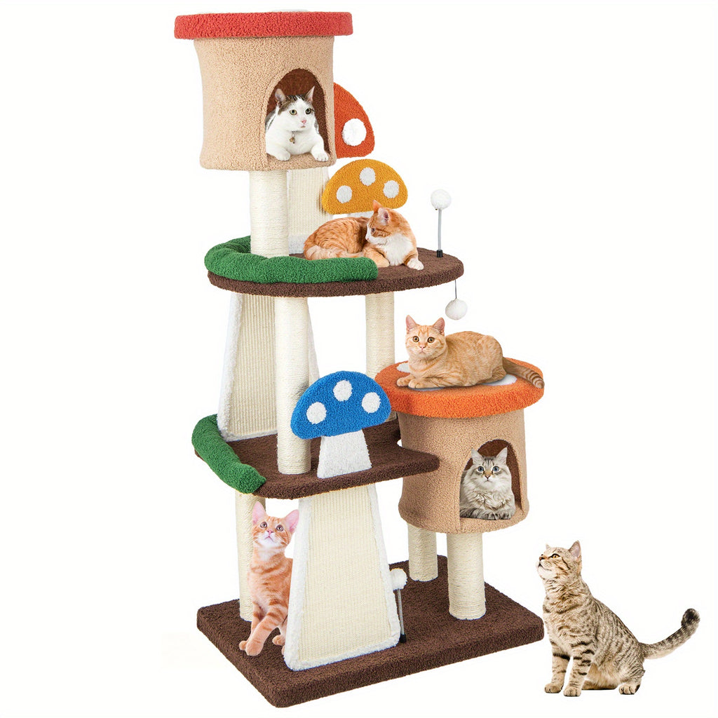 Deluxe Homasis Wooden Cat Tower - Multi-Level Cat Condo with Sisal Rope Scratch Board, Sturdy Post, Plush Padded Perch, Hanging Interactive Toys, and Modern Design for Happy Felines