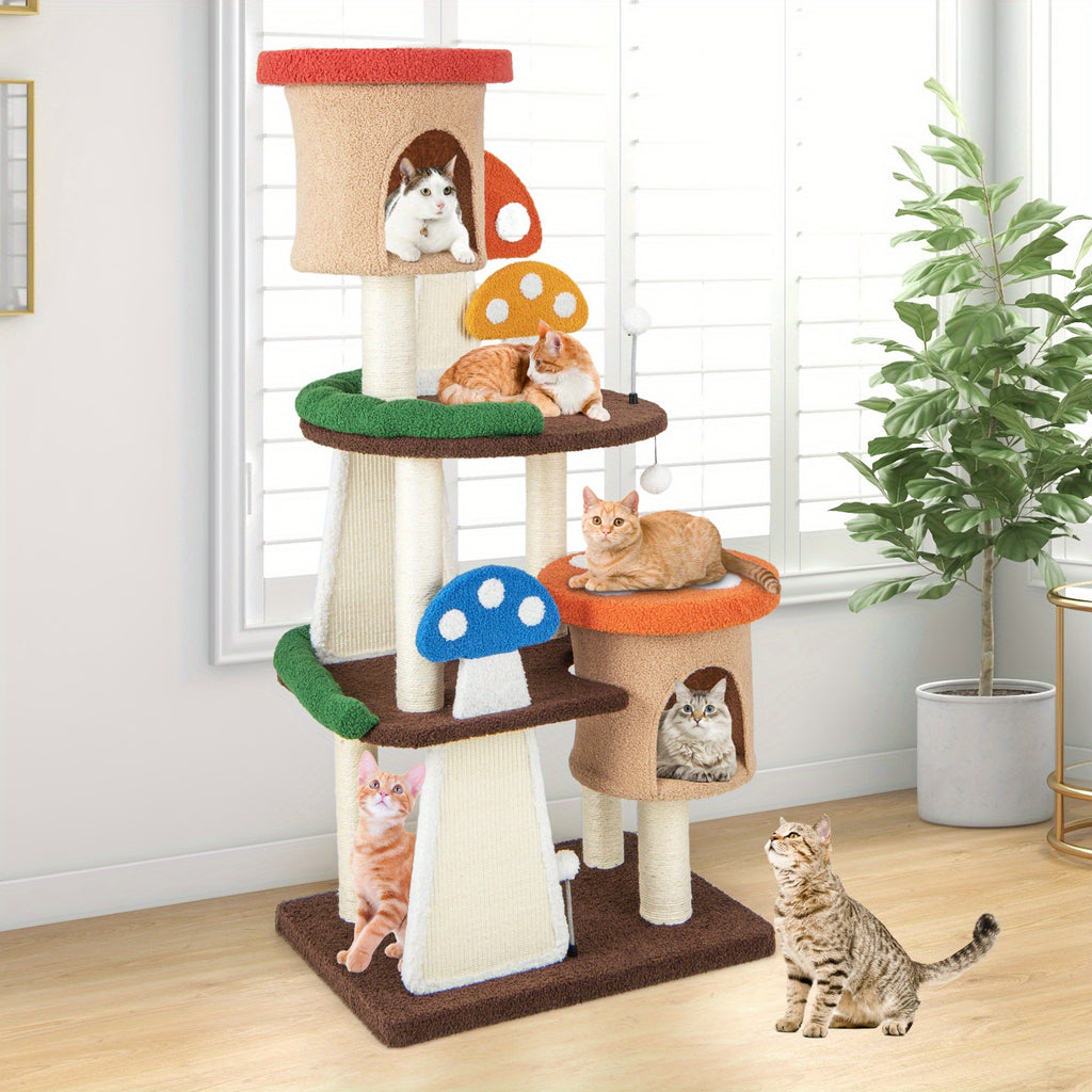 Deluxe Homasis Wooden Cat Tower - Multi-Level Cat Condo with Sisal Rope Scratch Board, Sturdy Post, Plush Padded Perch, Hanging Interactive Toys, and Modern Design for Happy Felines