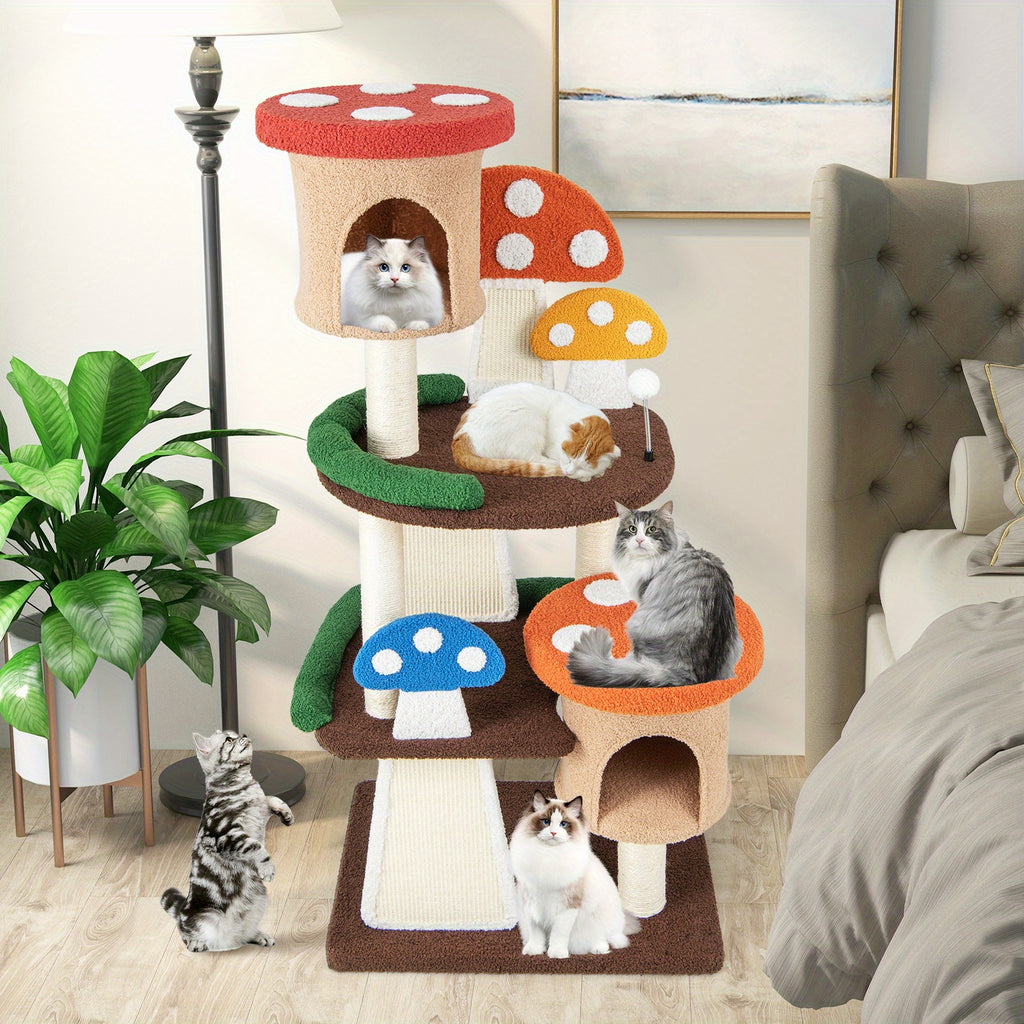 Deluxe Homasis Wooden Cat Tower - Multi-Level Cat Condo with Sisal Rope Scratch Board, Sturdy Post, Plush Padded Perch, Hanging Interactive Toys, and Modern Design for Happy Felines