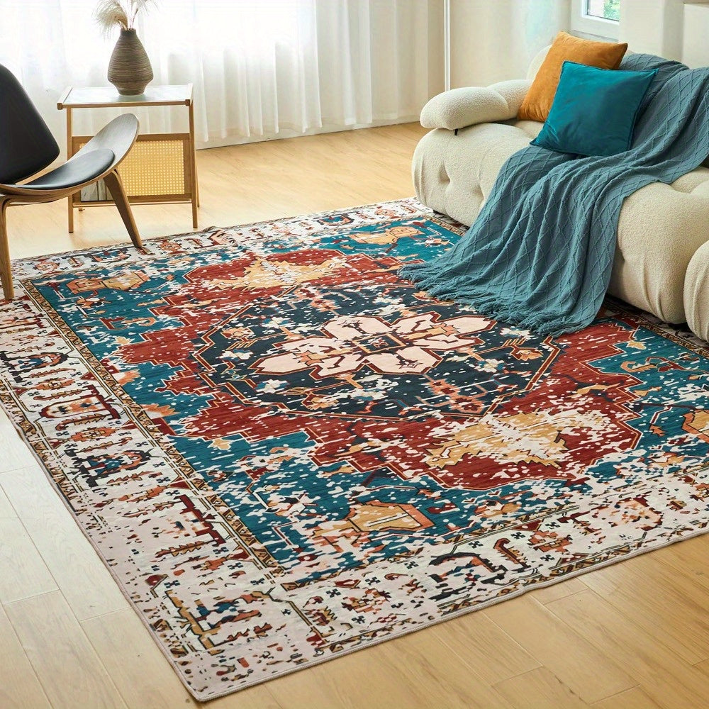 Vintage Medallion Area Rugs with Non-Slip Backing, Non-Shedding Floor Mat Throw Carpet for Living Room Bedroom Kitchen Laundry Home Office, Blue/Red