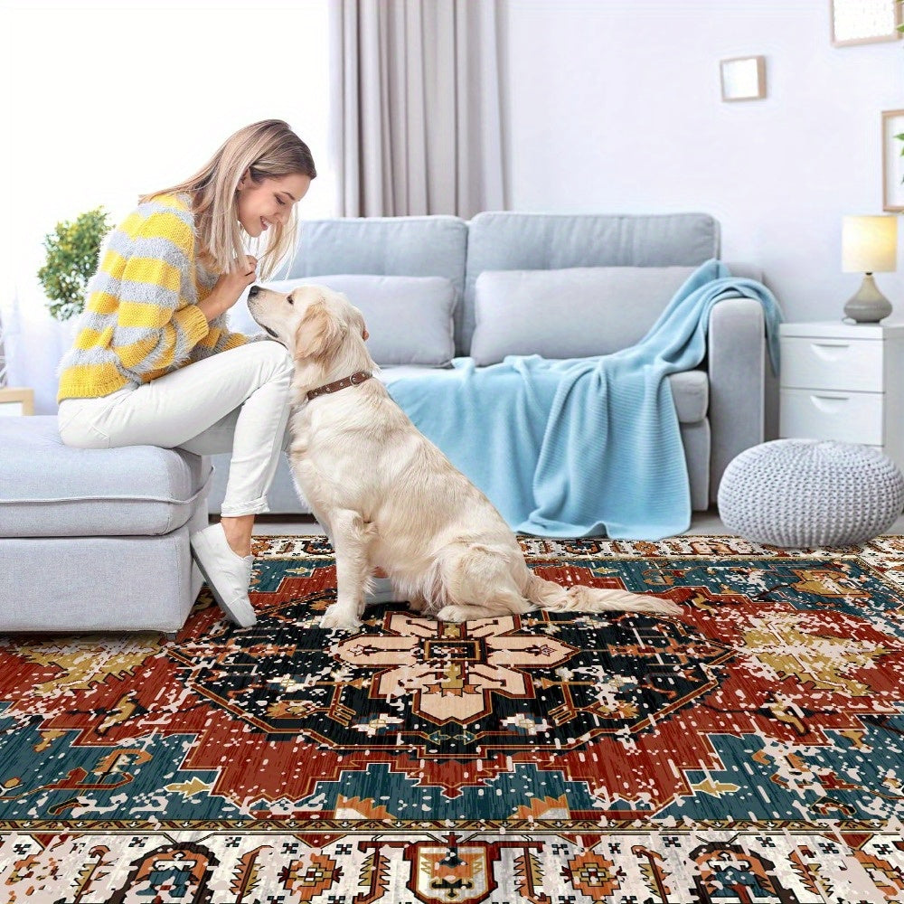 Vintage Medallion Area Rugs with Non-Slip Backing, Non-Shedding Floor Mat Throw Carpet for Living Room Bedroom Kitchen Laundry Home Office, Blue/Red