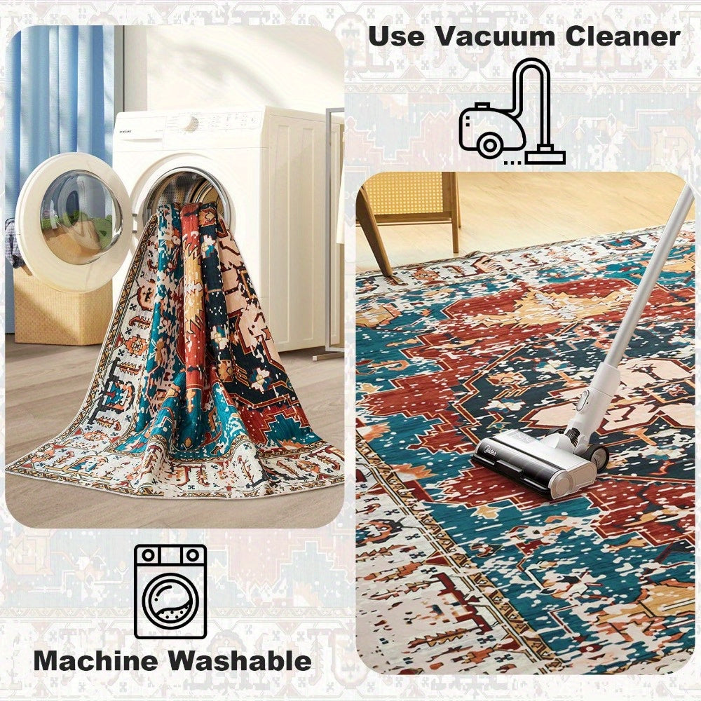 Vintage Medallion Area Rugs with Non-Slip Backing, Non-Shedding Floor Mat Throw Carpet for Living Room Bedroom Kitchen Laundry Home Office, Blue/Red
