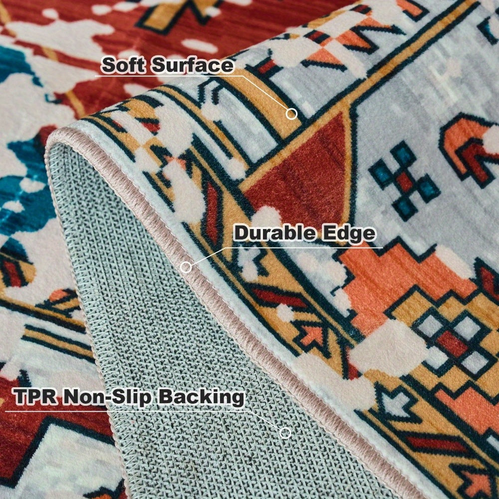 Vintage Medallion Area Rugs with Non-Slip Backing, Non-Shedding Floor Mat Throw Carpet for Living Room Bedroom Kitchen Laundry Home Office, Blue/Red