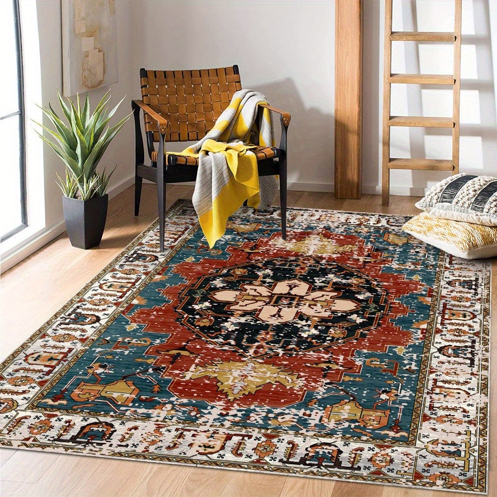 Vintage Medallion Area Rugs with Non-Slip Backing, Non-Shedding Floor Mat Throw Carpet for Living Room Bedroom Kitchen Laundry Home Office, Blue/Red