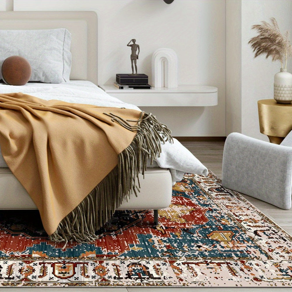 Vintage Medallion Area Rugs with Non-Slip Backing, Non-Shedding Floor Mat Throw Carpet for Living Room Bedroom Kitchen Laundry Home Office, Blue/Red