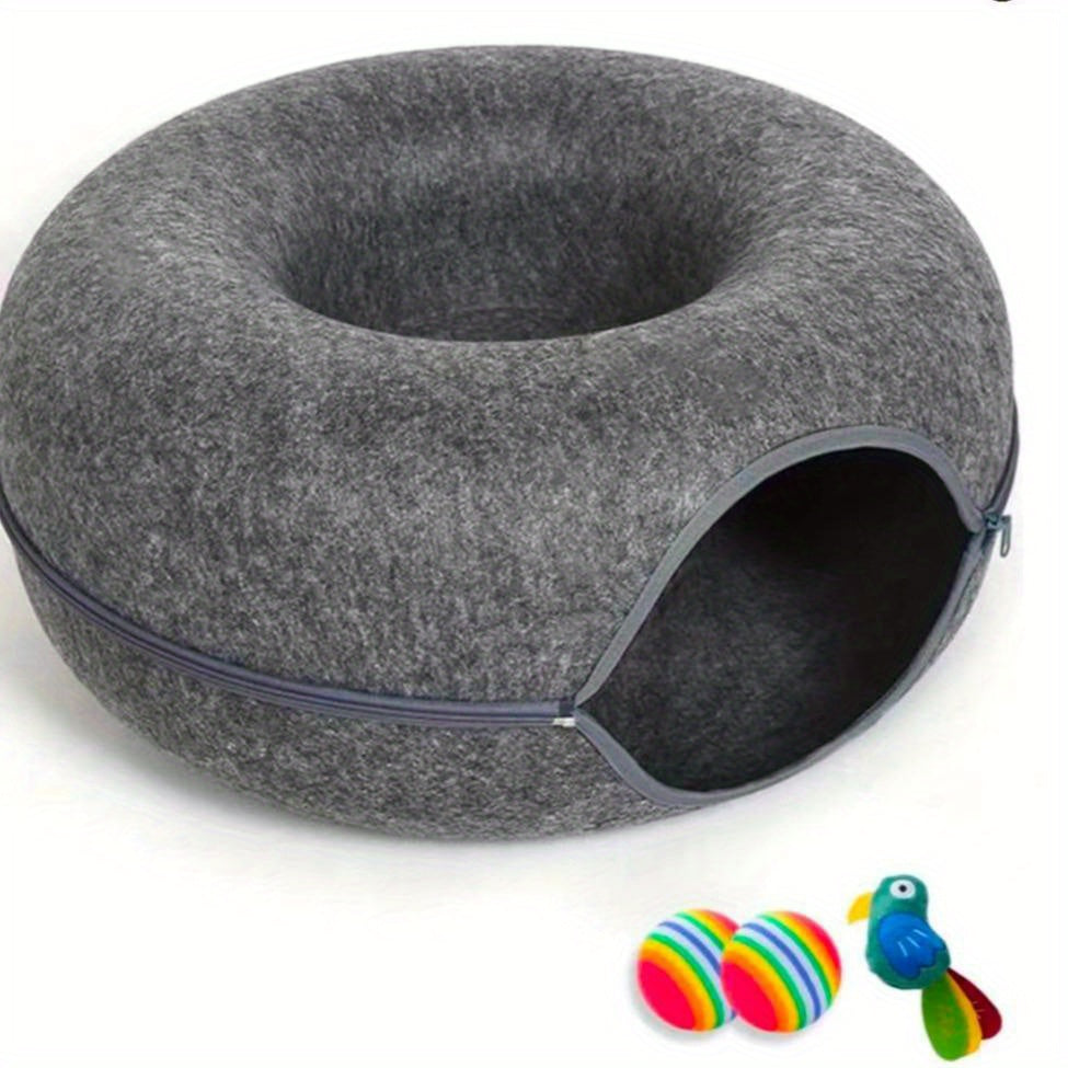 Large Cat Tunnel Bed for Indoor Cats with 3 Toys, Scratch Resistant Donut Cat Bed, Up to 30 Lbs for Multiple Pets