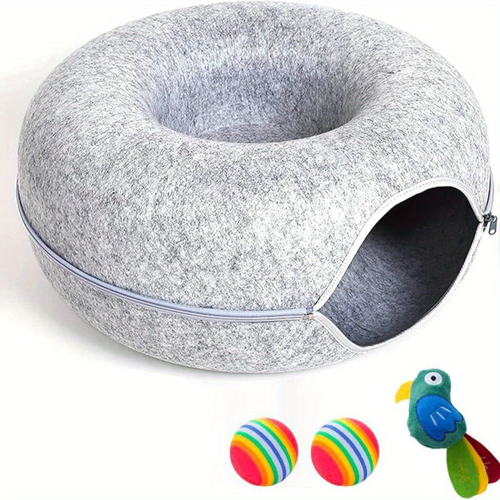 Large Cat Tunnel Bed for Indoor Cats with 3 Toys, Scratch Resistant Donut Cat Bed, Up to 30 Lbs for Multiple Pets