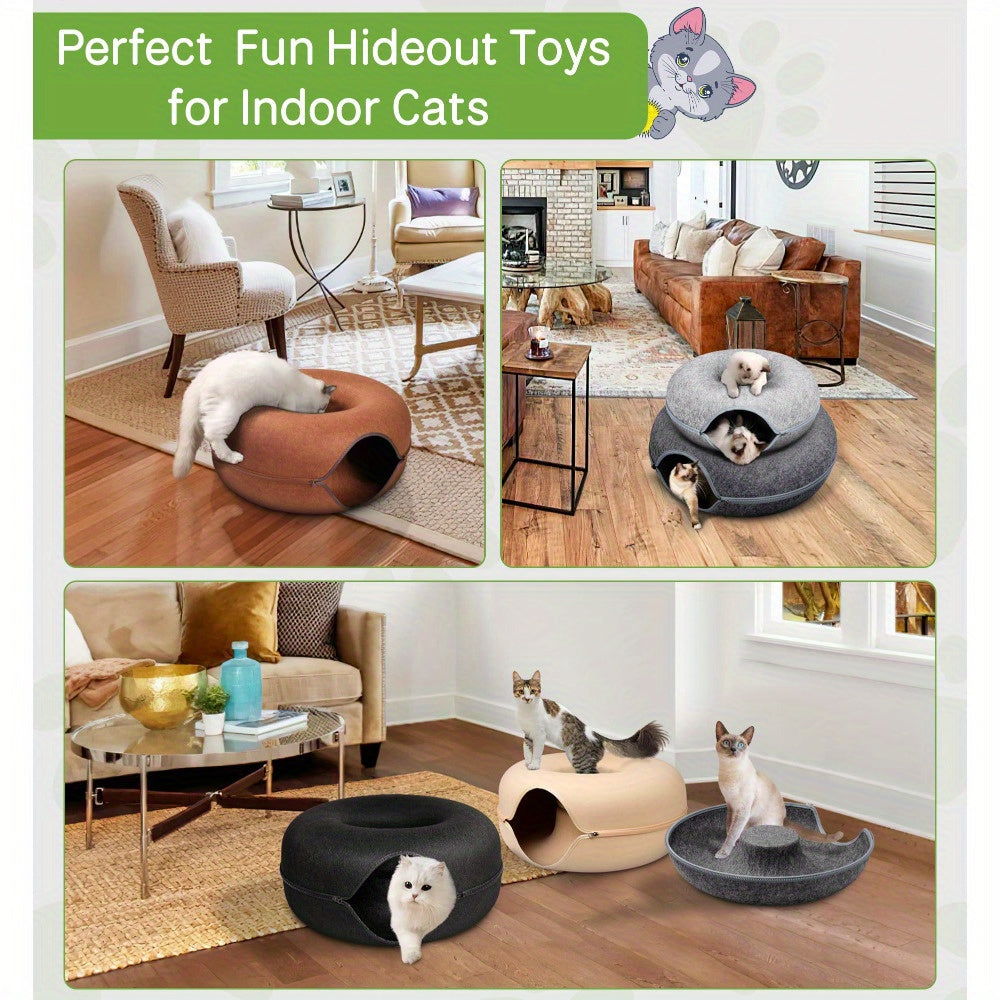 Large Cat Tunnel Bed for Indoor Cats with 3 Toys, Scratch Resistant Donut Cat Bed, Up to 30 Lbs for Multiple Pets
