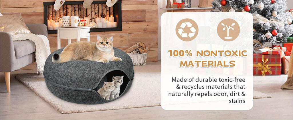Large Cat Tunnel Bed for Indoor Cats with 3 Toys, Scratch Resistant Donut Cat Bed, Up to 30 Lbs for Multiple Pets
