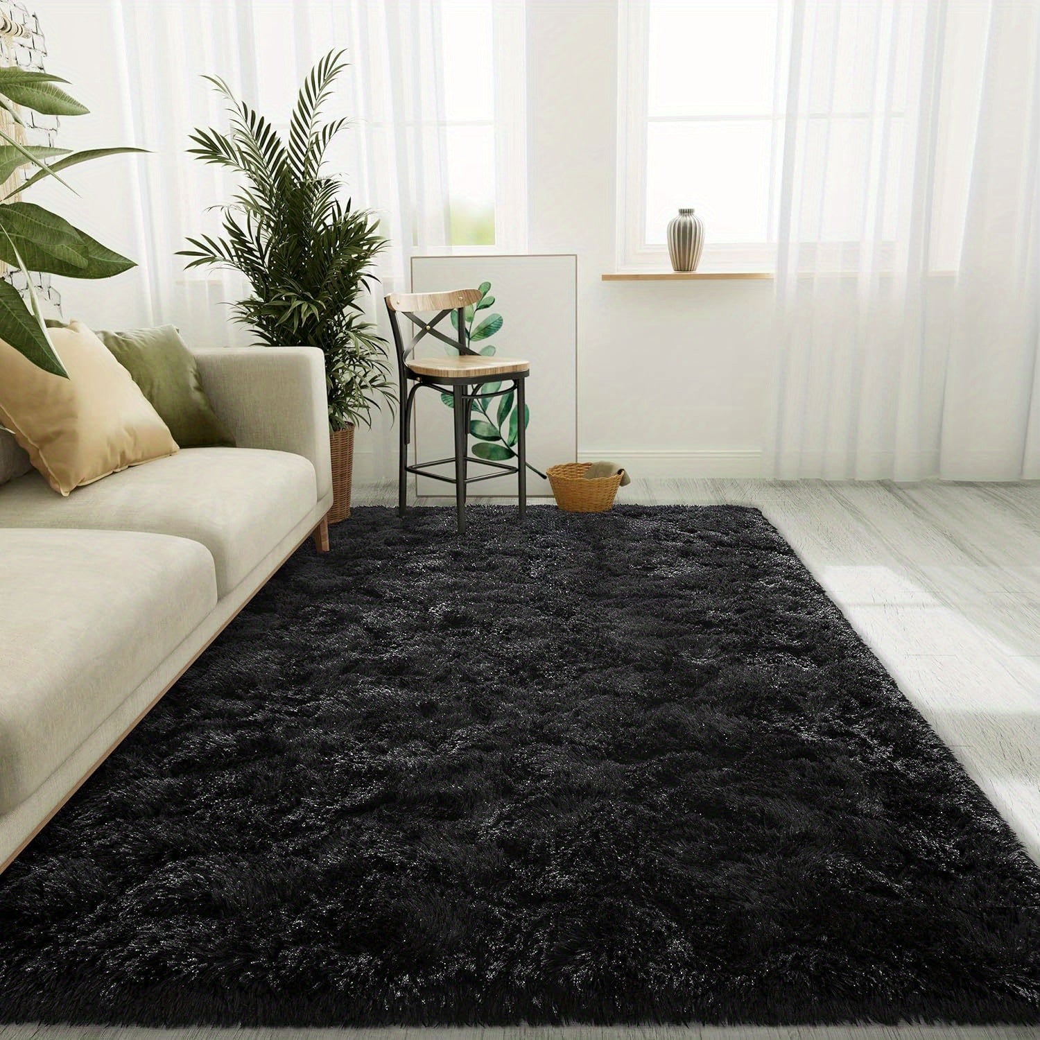 1pc, Fluffy Area Rug Solid Black Shag Area Rugs, Extra Soft And Shaggy Carpets, Indoor Fuzzy Rugs For Bedroom Living Room Home Rug, Outdoor Rug, Home Decor