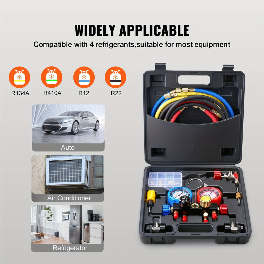 4 Way AC Gauge, Automotive AC Manifold, AC Manifold Gauge Set for R134A R22 R12 R410A Refrigerant, Gauge with 5ft Hoses, Couplers, Can Tap Works on Car Auto Charging and Evacuation