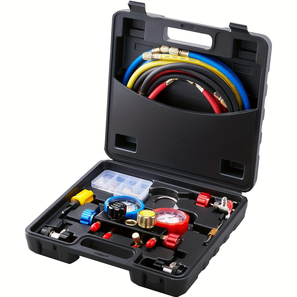 4 Way AC Gauge, Automotive AC Manifold, AC Manifold Gauge Set for R134A R22 R12 R410A Refrigerant, Gauge with 5ft Hoses, Couplers, Can Tap Works on Car Auto Charging and Evacuation