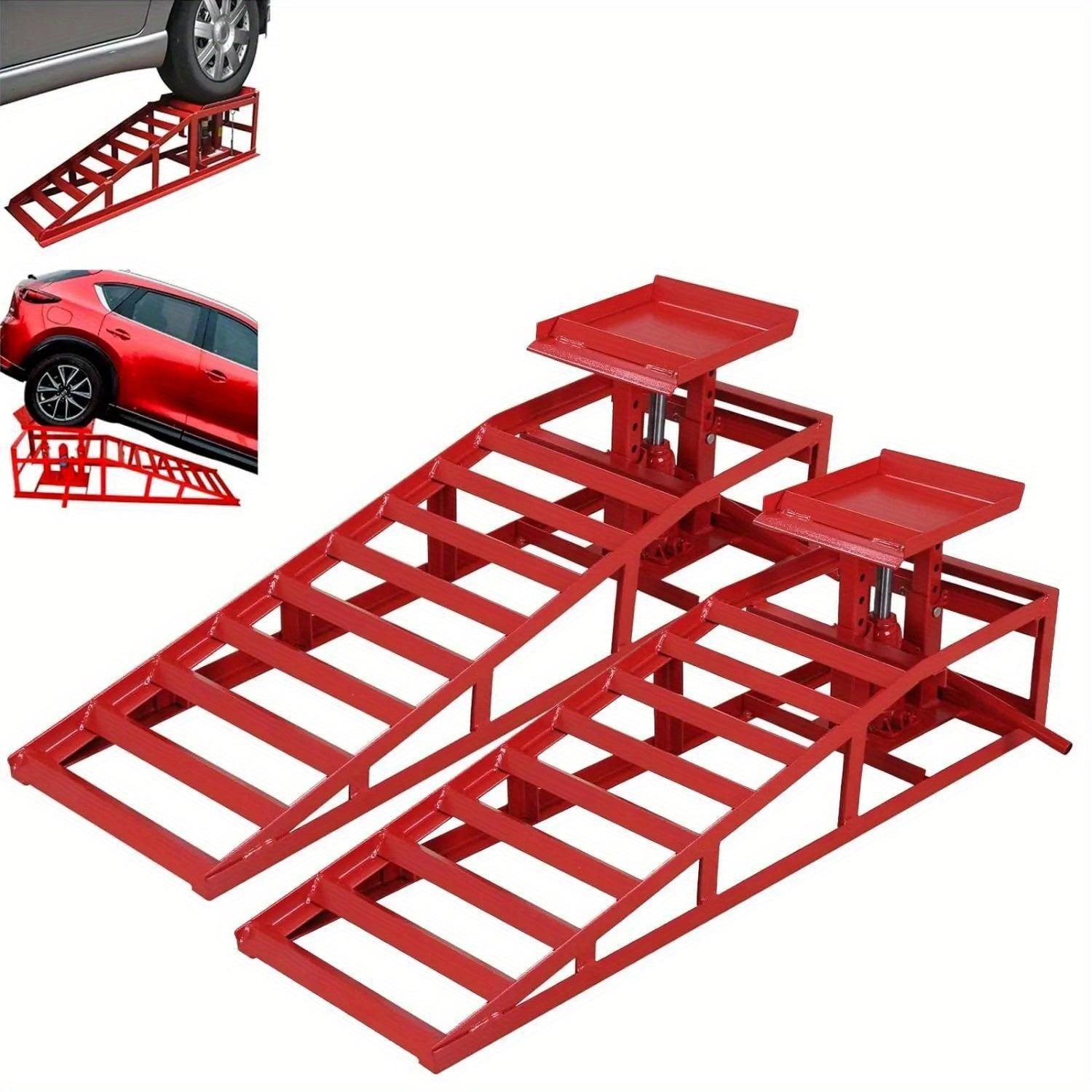 2-Piece Heavy-Duty Hydraulic Car Ramps - Ramps for Low Profile Automotive, Truck, Trailer, Garage, and Auto Car Repair with 8820lbs/4T Capacity and Sturdy Frame, Red