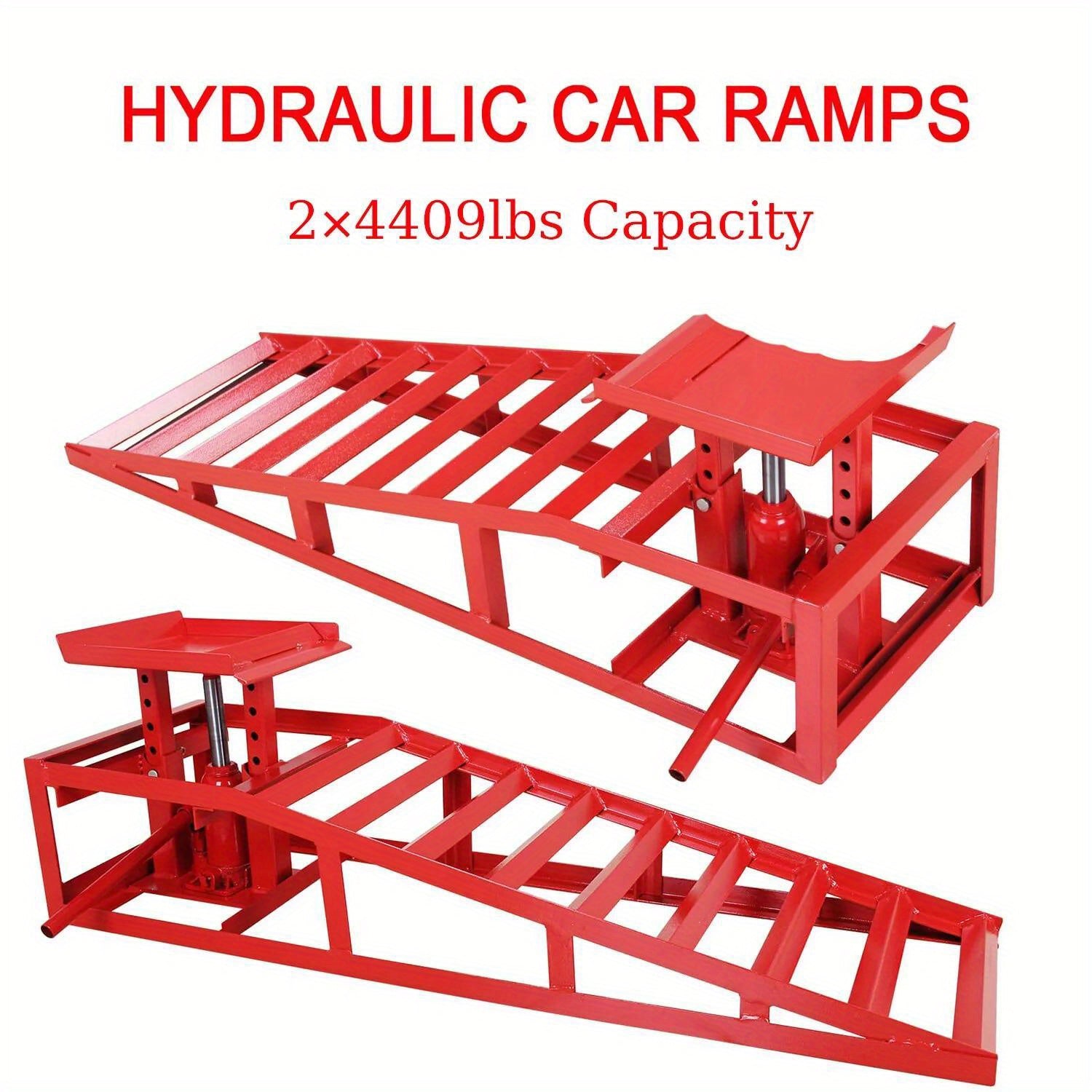2-Piece Heavy-Duty Hydraulic Car Ramps - Ramps for Low Profile Automotive, Truck, Trailer, Garage, and Auto Car Repair with 8820lbs/4T Capacity and Sturdy Frame, Red