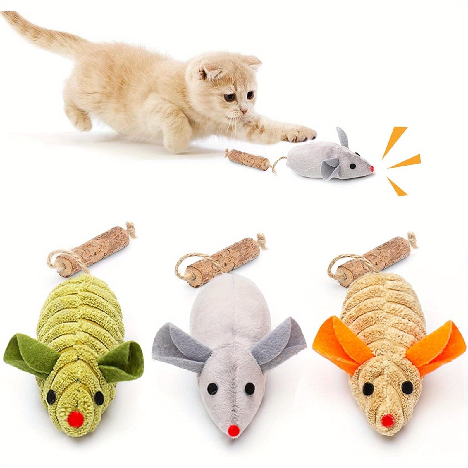 3Pcs Squeak Mice Cat Toys, Interactive Catnip Silvervine Animals Toys for Indoor Kittens, Dental Matatabi Cat Nip Chirping Toy, Cat Chew Exercise Toy for All Breeds and Species