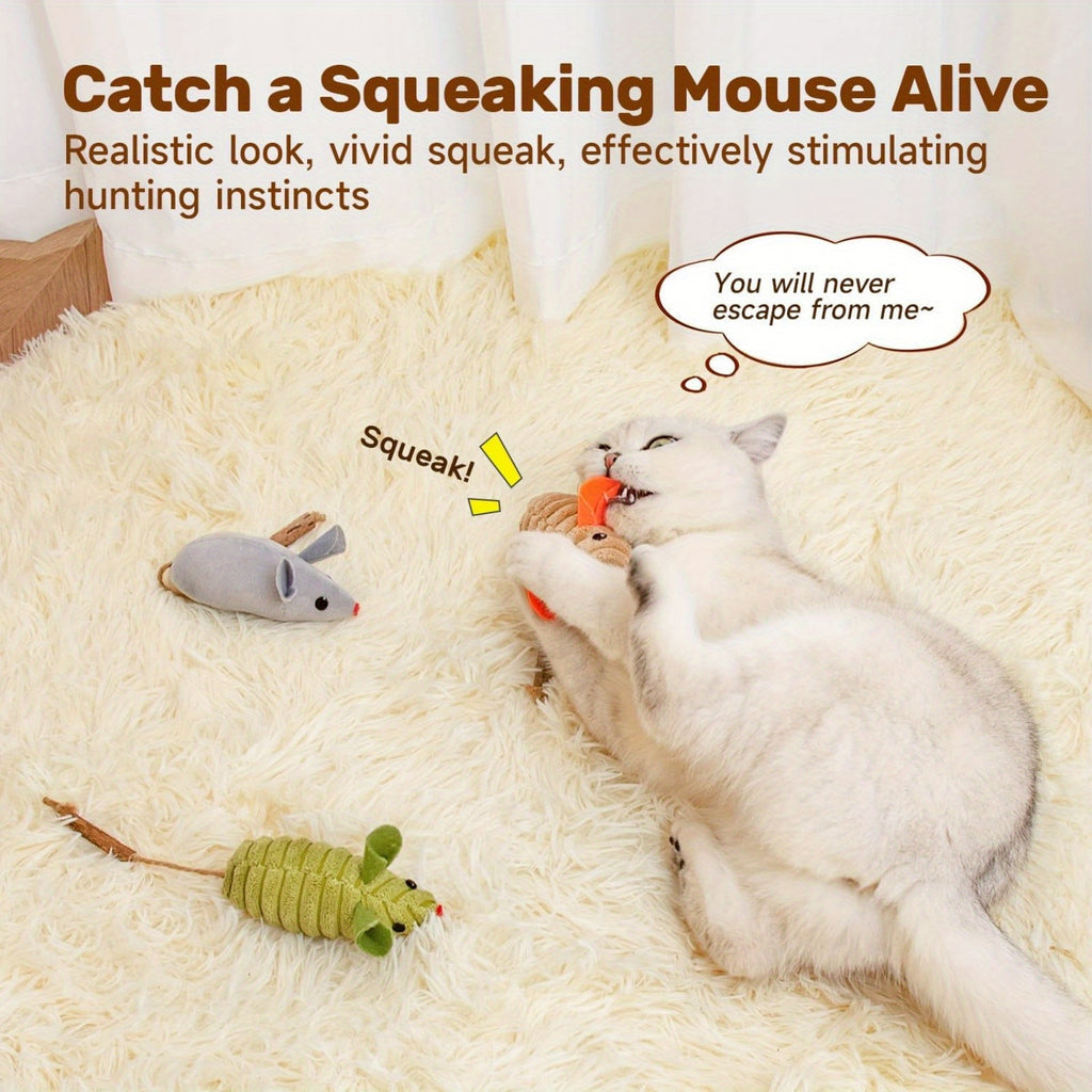 3Pcs Squeak Mice Cat Toys, Interactive Catnip Silvervine Animals Toys for Indoor Kittens, Dental Matatabi Cat Nip Chirping Toy, Cat Chew Exercise Toy for All Breeds and Species