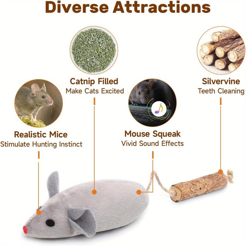 3Pcs Squeak Mice Cat Toys, Interactive Catnip Silvervine Animals Toys for Indoor Kittens, Dental Matatabi Cat Nip Chirping Toy, Cat Chew Exercise Toy for All Breeds and Species