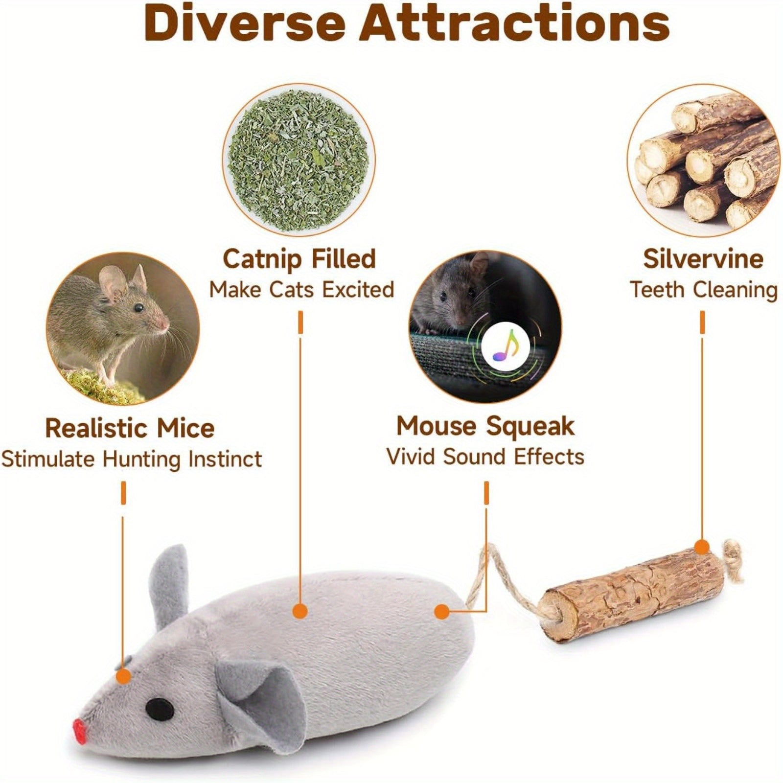 3Pcs Squeak Mice Cat Toys, Interactive Catnip Silvervine Animals Toys for Indoor Kittens, Dental Matatabi Cat Nip Chirping Toy, Cat Chew Exercise Toy for All Breeds and Species
