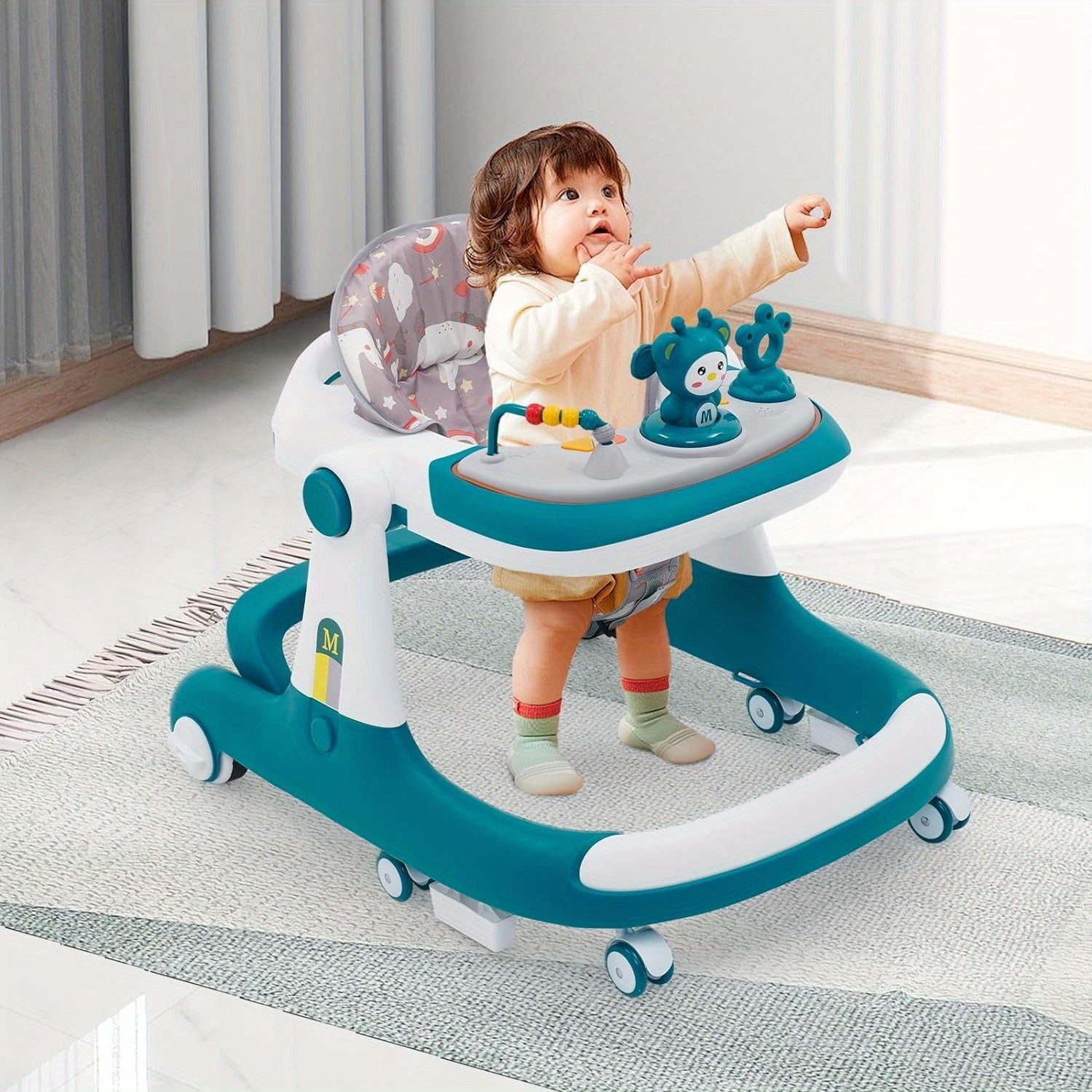 Baby Walker Foldable Baby Walker and Baby Activity Center with Toys Tray Height Adjustable Infant Toddler Baby Walker with Wheels for Baby Boys and Girls
