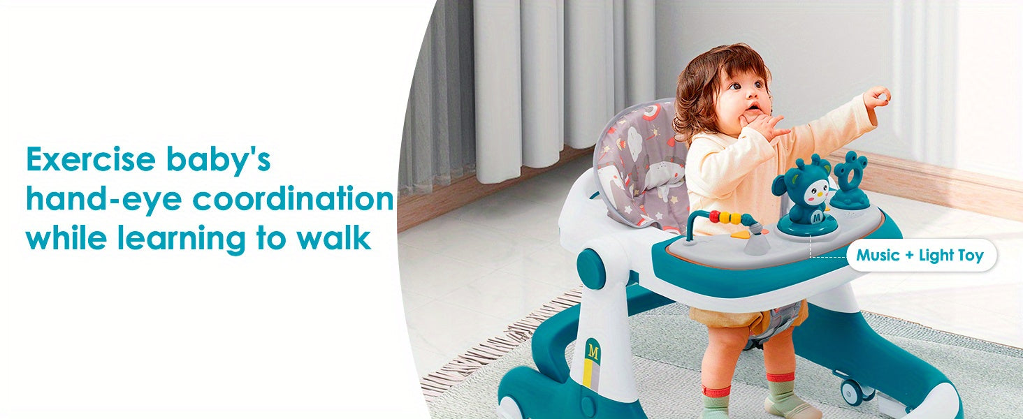 Baby Walker Foldable Baby Walker and Baby Activity Center with Toys Tray Height Adjustable Infant Toddler Baby Walker with Wheels for Baby Boys and Girls