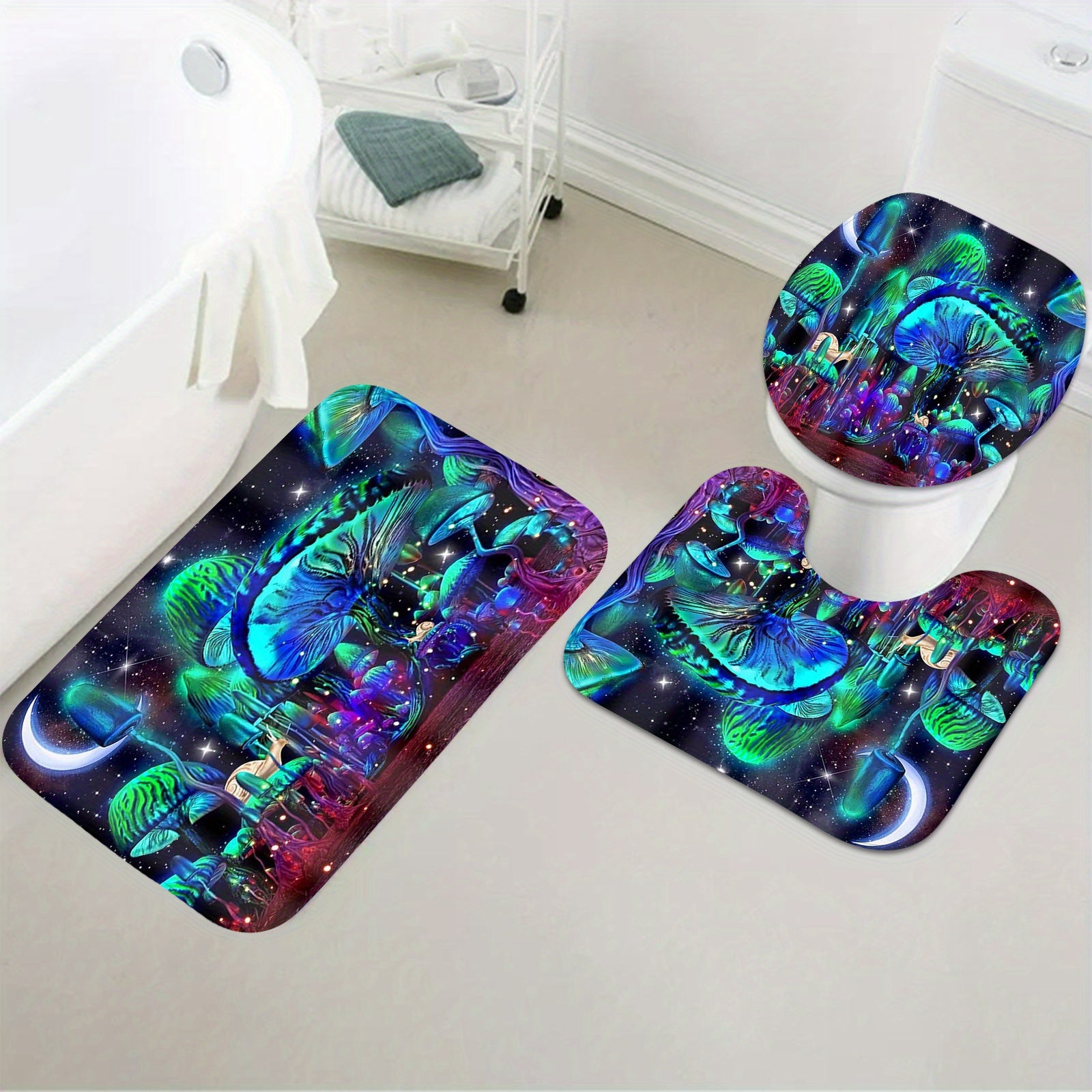 4pcs Glowing Mushroom Waterproof Shower Curtain Set, With Rugs, Hooks, Toilet Lid Cover, And U-Shaped Mat, For Bathroom Decor
