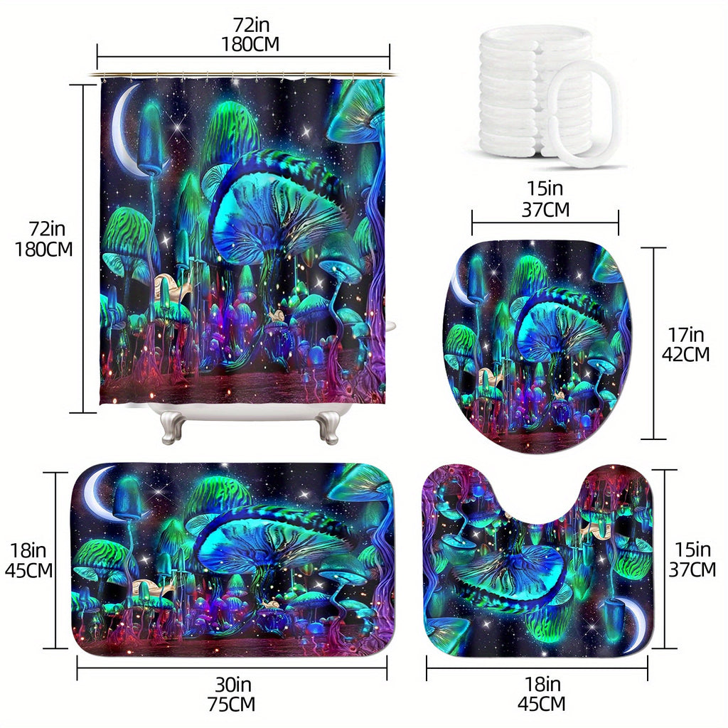 4pcs Glowing Mushroom Waterproof Shower Curtain Set, With Rugs, Hooks, Toilet Lid Cover, And U-Shaped Mat, For Bathroom Decor