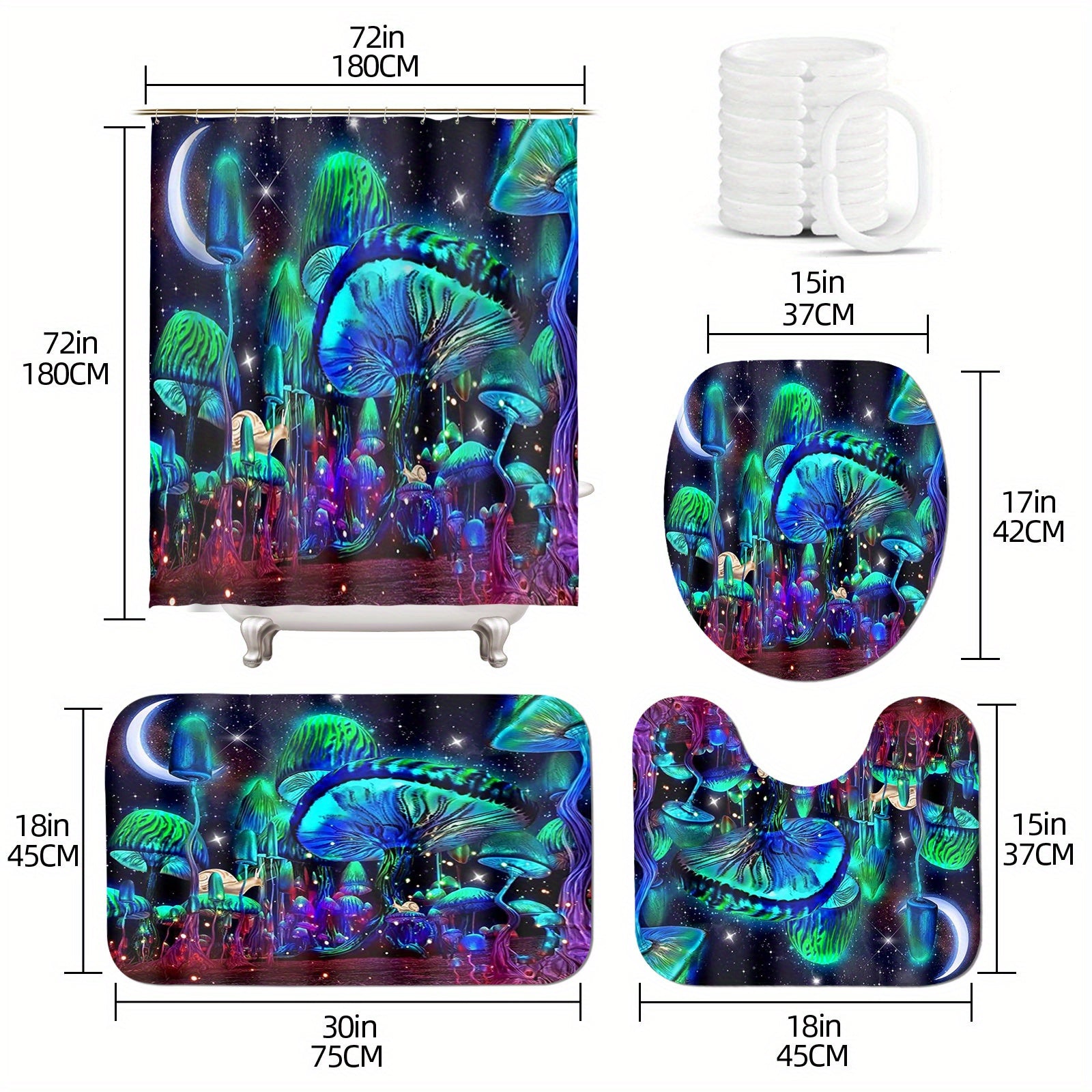 4pcs Glowing Mushroom Waterproof Shower Curtain Set, With Rugs, Hooks, Toilet Lid Cover, And U-Shaped Mat, For Bathroom Decor