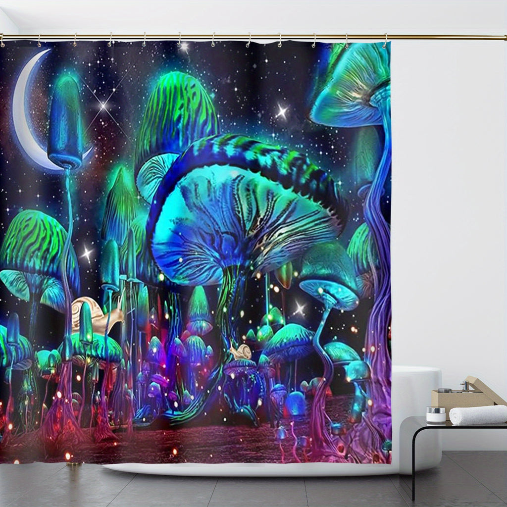4pcs Glowing Mushroom Waterproof Shower Curtain Set, With Rugs, Hooks, Toilet Lid Cover, And U-Shaped Mat, For Bathroom Decor